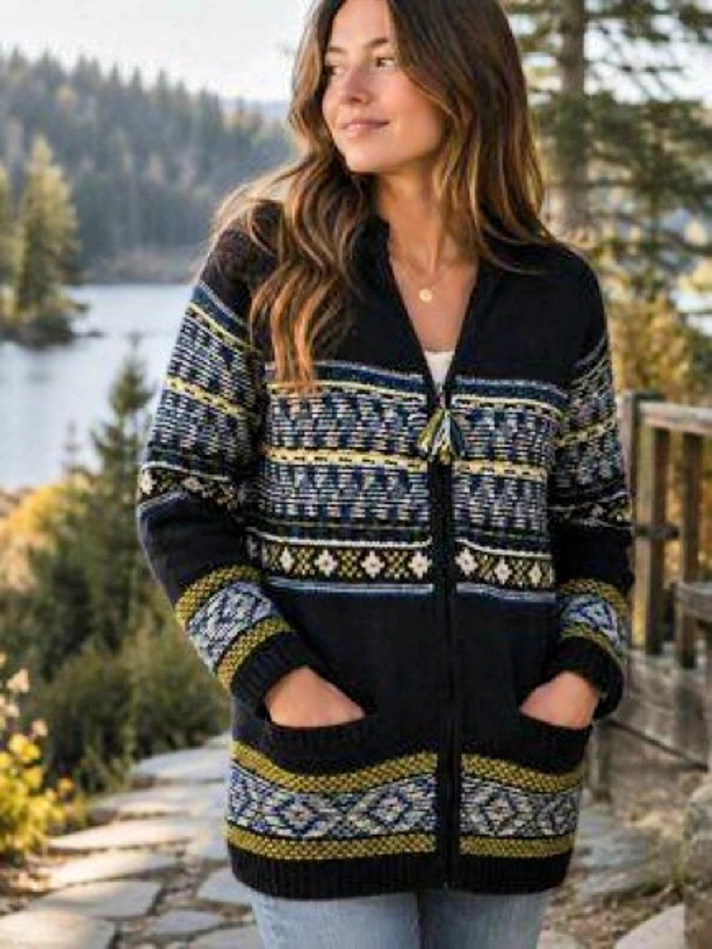 Anthropologie Sparrow Fair Isle Full Zip Cardigan Sweater Blue Lime Green